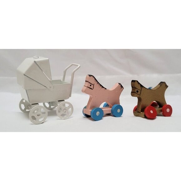 Vintage Lot of 3 Miniature Dollhouse Baby Carriage and Wood Toy Horses - Picture 1 of 8